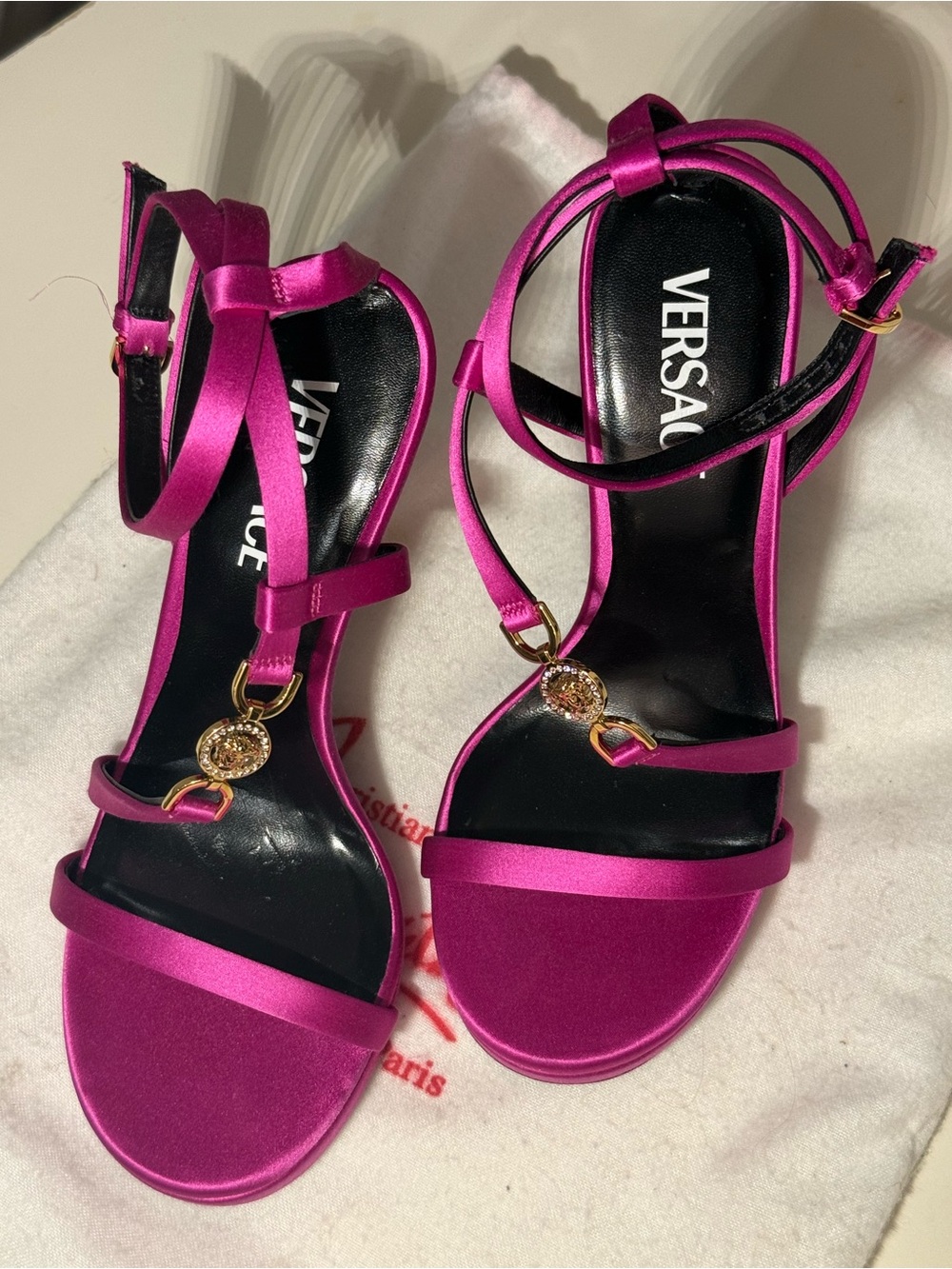 Versace Hot Pink Satin Strappy Heeled Sandals with Gold Medallions